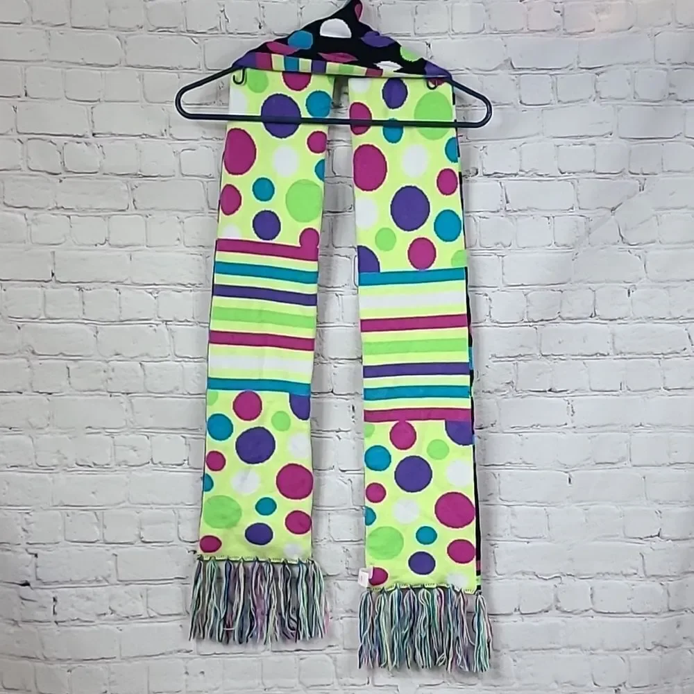 Justice Colorful Reversible Knit Fringe Trim Monkey Embroidered Long Scarf Dots